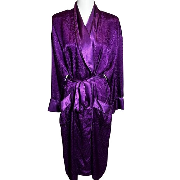GO‎ SOFTLY Women's Small Vintage Plum Purple Floral Satin Silky Robe Belt Long - Picture 1 of 8